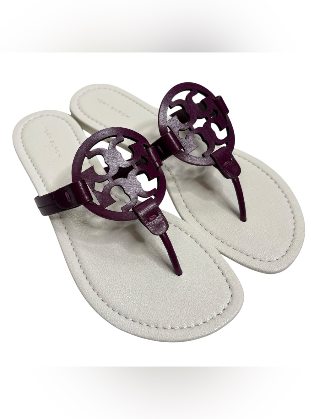 Tory Burch Miller Goat Leather Purple Logo Thong Sandals NWOT $229 BOX